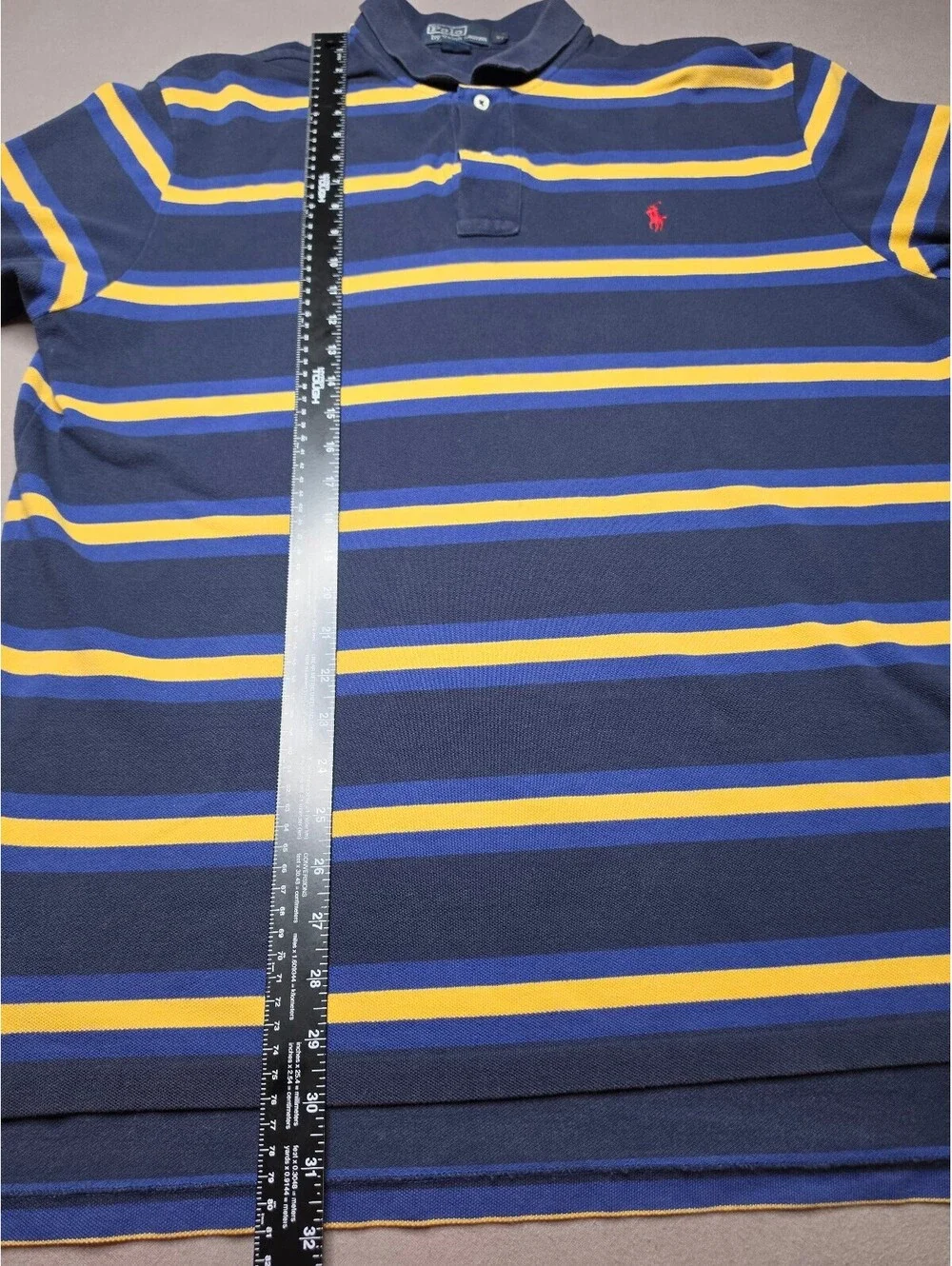 Polo Ralph Lauren Mens XL Striped Polo Shirt Navy Blue Yellow Red Pony Cotton